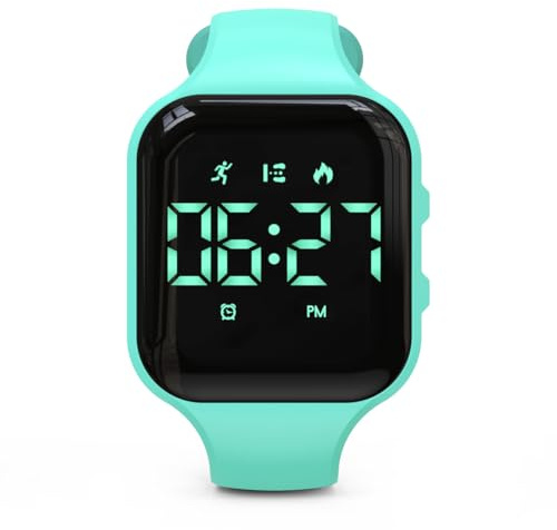 Focwony Led Digital Pedometer Watch for Kids, Boys & Girls, Green | Non-bluetooth, No app need, Simple fitness tracker, Alarm clock, Step counter, Fashion Wristwatch, Great gift for students
