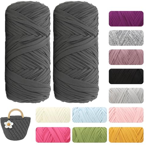 T-shirt, garn, virkgarn, textilgarn för virkade korgar, lämplig för handväska, väskor, mattor, heminredning, gör-det-själv-hantverk, Chunky Yarn för nybörjare (2-pack mörkgrå)