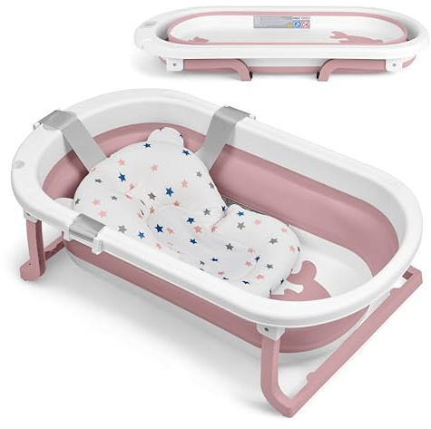 KikkaBoo Babybadewanne WILLY, Faltbares Design Mit Temperaturanzeige & Weichem Badekissen, Rutschfeste Beine, Platzsparend & Leicht, BPA-frei, Für Neugeborene 0-36 Monate, Rosa