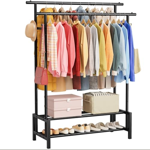 LZNIOZ Clothes Rail for Bedroom - Double Hanging Clothing Rail with Shoes Rack, Free Standing Clothes Rack for Living Room, Laundry, Shop (Modern, Black)