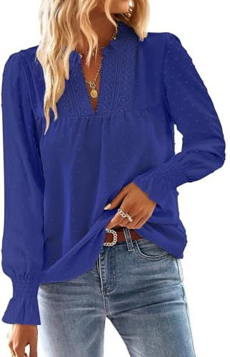 TUUHAW Tops for Women UK Trendy Flowy Ruffled Long Sleeve Top Royal Blue XL