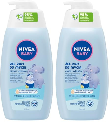 NIVEA BABY Gel 2 en 1 para lavar el cuerpo y el cabello, 500 ml con bomba (Paquete de 2)