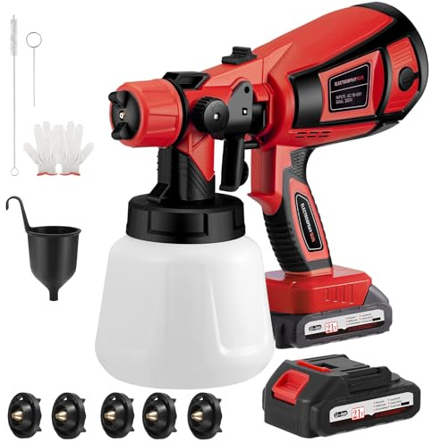 Pistola a Spruzzo per Vernice, 21V Senza Fili con 2x 3000 mAh Batterie, 5 Ugelli e 3 Modalità di Spruzzo, Pistola a Spruzzo per Vernice con Contenitore da 900ML per Pittura di Case, Pareti, Recinzioni