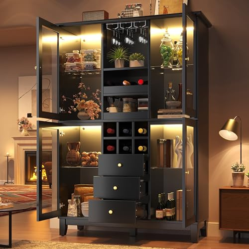 Ktipm Vinoteca Aparador Cocina Aparadores Salón con LED y 4 Puertas de Cristal, Armario Cocina Mueble Aparador con Botellero y Portavasos, 3 Cajones y Dispositivo Antivuelco, 120x40x180.5 cm, Negro