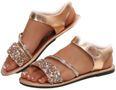 GAGFDA Sandales plates de mariage avec strass pour femme, chaussures d'été à bout ouvert, réglables, légères et confortables, chaussures décontractées pour invités de mariage