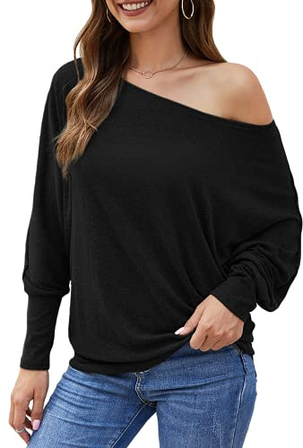 Aifer Women's Off The Shoulder Top Long Sleeve Casual Oversized Shirts Blouses for Women Fall Fashion 2025 Batwing Sleeve Tunics Going Out Tops Black