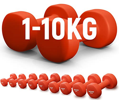 NEOLYMP 2er Set rutschfeste Neopren Hanteln 4kg mit Stahlkern, Hantelset mit sechseckiger Form ohne Wegrollen - Kurzhanteln, Gymnastikhanteln (Kurzhantelset 4 kg rot)