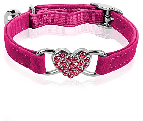 cobee Bling Heart - Collier pour chat - Avec cloche - Réglable - Avec ceinture de sécurité - Strass - Pour petits chats et chiens - Rouge rose