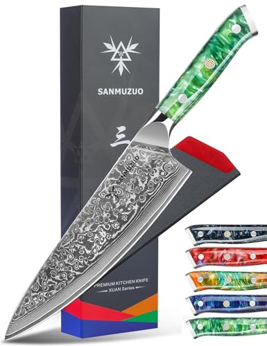 SANMUZUO Coltello da chef Professionale - Coltello da Cucina 20 cm, Coltello da Cuoco Acciaio Damasco da 67 Strati- Impugnatura Ergonomica Resina - Xuan Series (Jade Green)