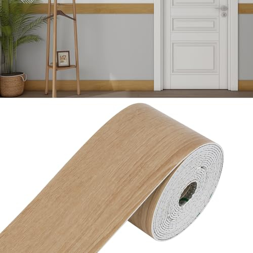 Bordure d'autocollants muraux décoratifs - Papier peint épais en PVC pour mur, salle de bain, cuisine, salon (chêne jaune, 5 m x 10 cm)