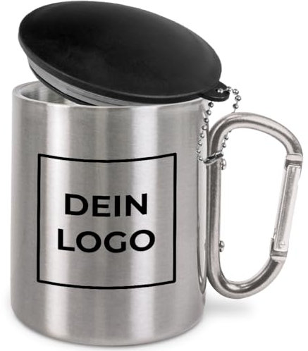 Personalisierter Edelstahl-Trinkbecher mit Karabinerhaken und Deckel | Geschenkidee | 330 ml | Becher | Camping | Vereine | Fasching | Karneval | personalisiert | Silber