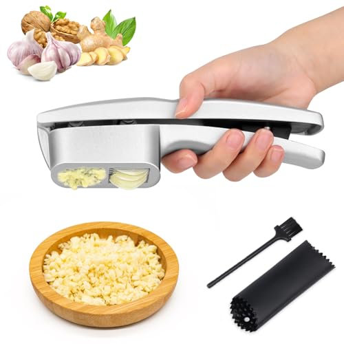 VFANDV 2 in 1 Schiaccia Aglio in Acciaio Inox, Spremiaglio Manuale con Maniglia Antiscivolo Professionale Trita Aglio Affettatrice Aglio con Spazzola per la Pulizia e Pelapatate in Silicone