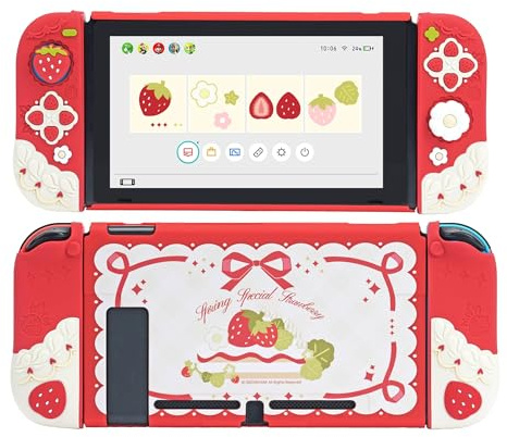 GeekShare Weiche Silikon-Schutzhülle für Switch Anti-Scratch Slim Cover Case Kompatibel mit Switch Trennbare Schutzhülle mit 2 Daumen-Griff-Kappen - Erdbeere (Für den regulären Wechsel)