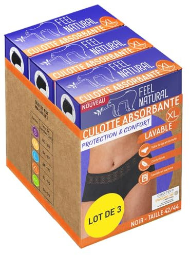 Feel Natural - Pack Culotte Menstruelle Absorbante & Confort Réutilisable - Protection Hygienique Lavable, Coupe Haute Dentelle - Flux Léger à Modéré - Culotte Taille Haute Invisible - Taille XL