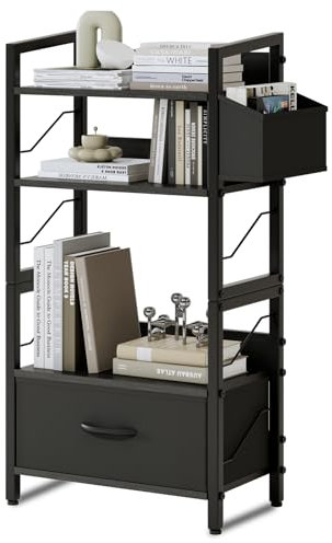 XIV Bookshelf, 3 Tier Industrial Bookshelf, Metal Small Bookcase, Rustic Etagere Book Shelf Storage Organizer Display Rack for Home Office, Living Room, and Bedroom (Black, 4 Tier)