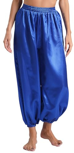 Nyeemya Pantalones Bombachos de Danza del Vientre Mujer Pantalones Anchos de Elástico Cintura Disfraz de Danza Carnaval Halloween Fiesta S-XXL Azul Real M