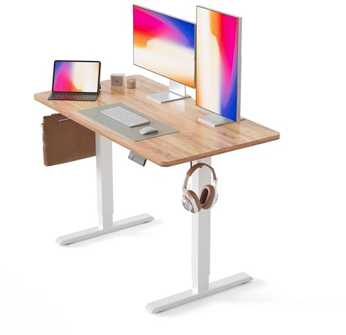 FEZIBO Electric Height Adjustable Standing Desk, 60x100cm Ergonomic Home Office Table with Splice Board & Light Brown Wood Grain Surface, Upgraded Stable Steel Frame for Sit-Stand Workstation