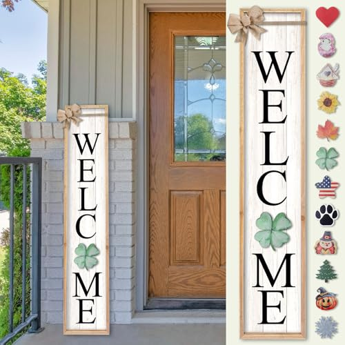 TQianJiang Interchangeable Welcome Sign for Front Porch Standing 45X9 12 Pcs Replaceable Signs Vertical Leaner Wood Framed Outdoor Decor (Wood White)