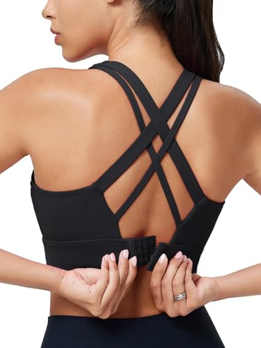 Sports Bras for Women High Support, High Impact Running Criss Cross Strappy Bra Crop Top, Molded Cup, Hook and Eye Closure, Black, L