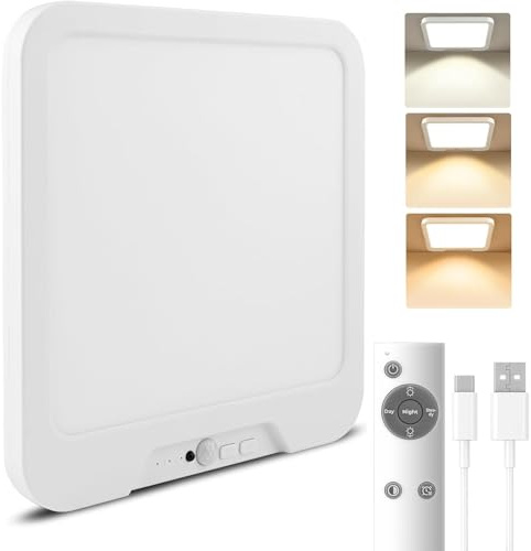 Oumida LED Plafoniera Sensore di Movimento 3000K 4500K 6000K, Quadrato Lampade Senza Fili con Batterie USB, Luce con Telecomando per Cucina Garage Esterno Corridoio Parete Balcone (21.5 * 21 * 15cm)