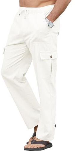 YloveM Mens Linen Trousers Lightweight with Elasticated Waist Casual Chino Yoga Mens Summer Trousers for Men Stretch Formal Cotton Fit Cargo Pants Drawstring