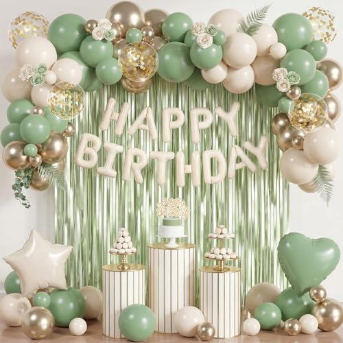 Fairymaiden Decorazioni Compleanno,Oro Beige Verde Salvia Palloncini Cuore Con Inserto Torta Tende Metalliche, Happy Birthday Decorazioni Per Donna Bambina 18th 21st 30th Allestimento Compleanno