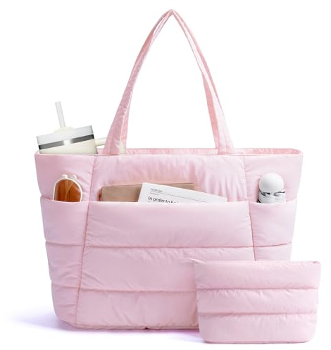 Narwey Tote Bags for Women, Work Laptop Bags with Zip for Women, Ladies Handbags & Shoulder Bags with Makeup Pouch, Puffer Teacher School Hand Bag for College Shopping Travel Gym Beach (Pink)