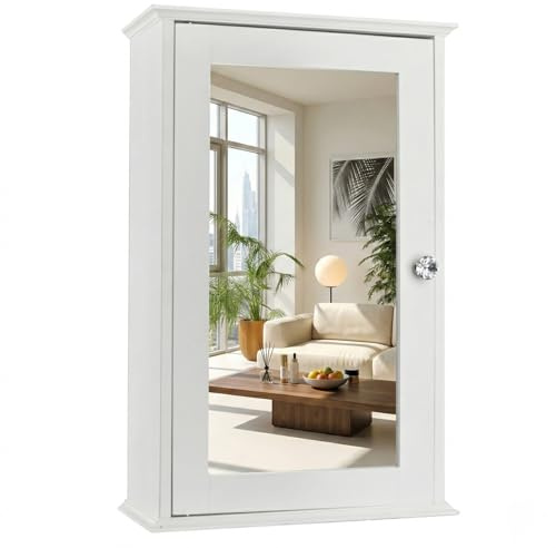Bonnlo White Mirrored Medicine Cabinet - Wall Mounted Bathroom Storage Organizer with Single Door, 2 Adjustable Shelves & Magnetic Lock, Small Vanity Cabinet for Over the Toilet/Sink