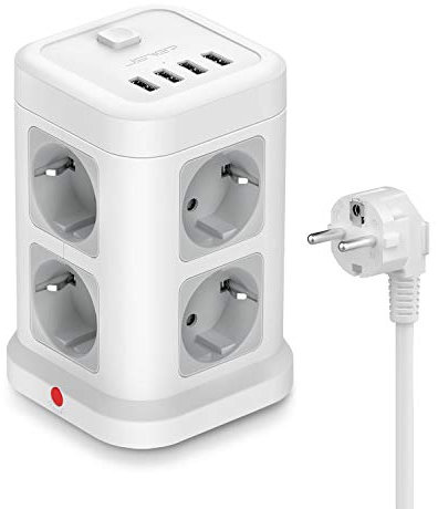 Steckdosenleiste USB 3680W 16A,JSVER 8 Fach Steckdosenleiste mit 4 USB Mehrfachsteckdose USB (5 V/3,4 A,17W) Steckdosenturm mit Schalter Steckerleiste mit 2m Kabel-Weiß