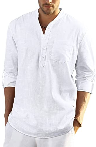 Enlision Mens Cotton Linen Shirts Summer Lightweight Beach Shirt Long Sleeve Roll Up Collarless White Henley Shirt 2XL