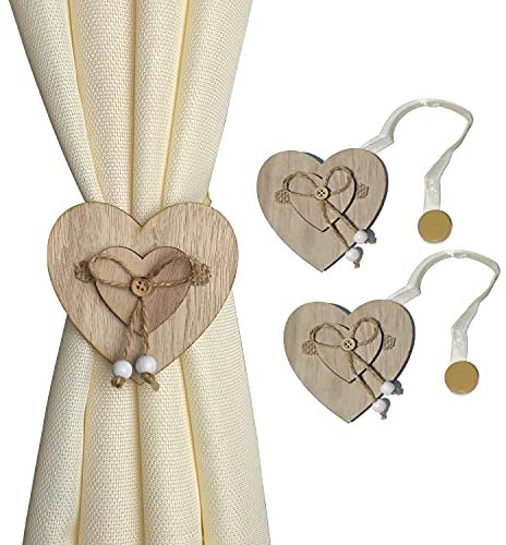 GIRASOLE HOME 2 Fermatende Magnetici in Legno a Forma di Cuore Stile Shabby Chic 2 Pezzi con Cordino in Organza per Tende Leggere e Tendine (Cuore, Naturale)