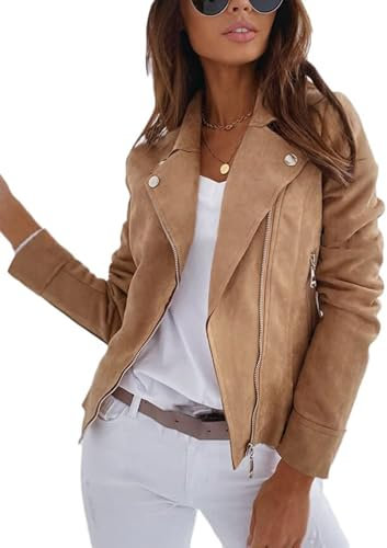 Youning Damen Jacke Kurz Übergangsjacke Moto Bikerjacke Herbst Frühling Leicht Jacken Sommerjacke Reverskragen Langarm Boyfriend Kurze Mantel mit Reißverschluss