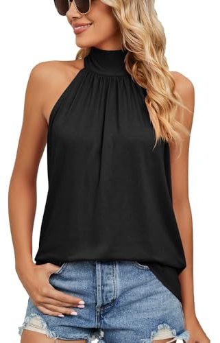 Women Halter Neck Tops Pleated Tank Tops Summer Sleeveless Shirts Loose Fit Cami Vest Camisole Elegant Smooth Blouse Tshirts Tunic Plain Casual Tees Top Black