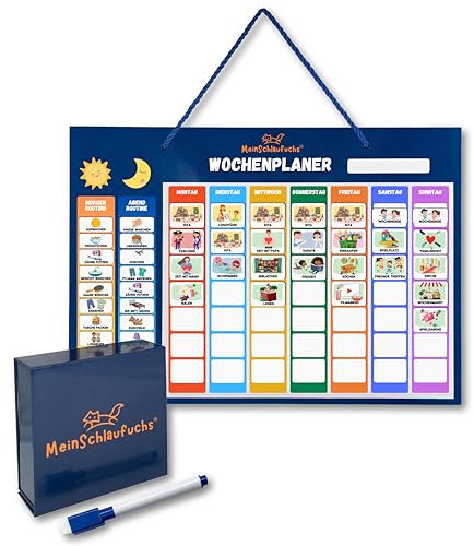MeinSchlaufuchs® Wochenplaner Kinder - Montessori Magnettafel inkl. 250 Magnete, Aufbewahrungsbox, Kordel & Stift - beschreib- & abwischbar - Routine Planer Kinder