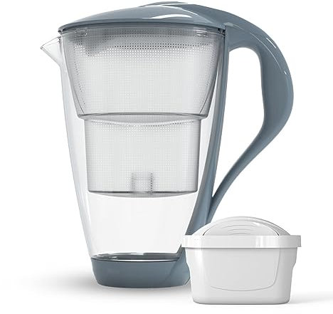 Dafi Jarra Filtradora de Agua de Cristal CRYSTAL Gris 2L - incl. Filtro de Agua UNIMAX, Sistema de Filtrado de Agua para Reducir la Cal, el Cloro, Sin BPA, Sensor LED - Jarra Filtrante de Agua