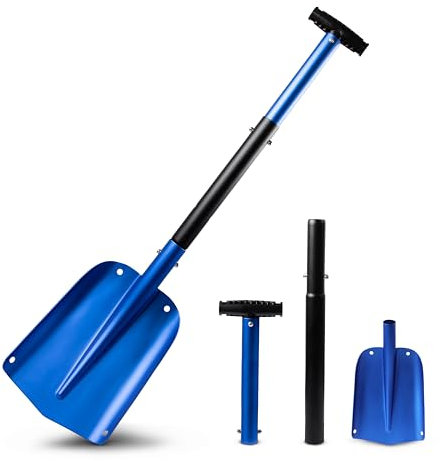 EcoNour 32 Multipurpose Snow Shovel for Car Driveway | Lightweight Aluminum Car Shovel for Snow, Sand, and Garden Use | Heavy-Duty, Foldable 3-Piece Shovel for Car, Home, and Outdoors (Blue)