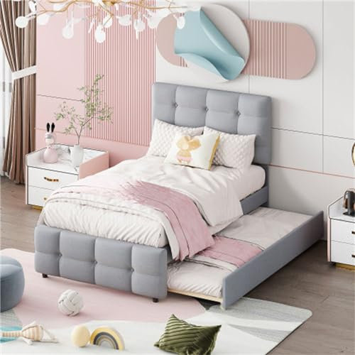 Tcewhhy Polsterbett 90x200 cm Verstellbares Kopfteil Einzelbett Mit Ausziehbares Bett Kinderbett Jugendbett Für Erwachsene Jugendliche Gästebett Mit Lattenrost Grau