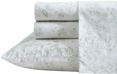 Laura Ashley - Twin Sheets, Cotton Percale Bedding Set, Lightweight & Breathable Home Decor (Toile Delight Green, Twin)