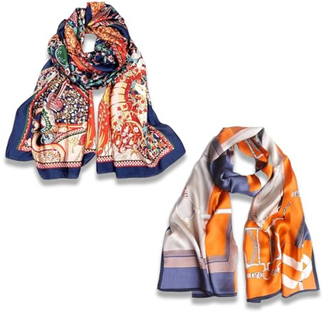 KSJEHW 2 Pièces Femmes Grand Foulards Carrés Satin Foulards Cheveux Accessoires Soie Carrés Motifs Classiques Bandanas Plage(90 * 90cm
