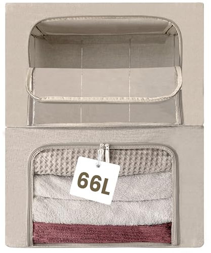 unycos - Scatole per Vestiti【2 Pezzi | 66L】in Tessuto Resistente, Manico Rinforzato e Finestra Trasparente, Contenitori Sottoletto Pieghevole per Asciugamani, Piumini, Coperte (Grigio; Iron Rod)