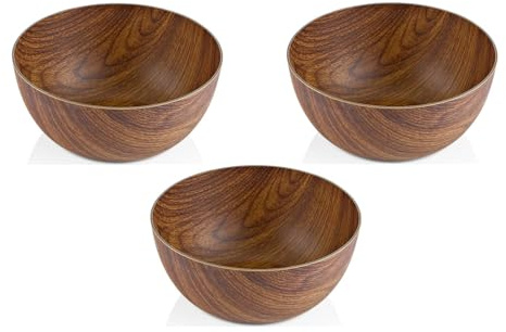 Stolmet Salad Round Bowls for Serving Mixing Storing, 16cm or 20cm Plastic Wood Effect, Smooth Surface, Set of 2/3 (3, 16cm)