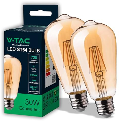 V-TAC 2x Bombilla LED Filamento Ámbar ST64 - E27-8W (Equivalente a 50W) - 720 Lumen - 2 Bombillas Cristal Vintage Retro - Máxima Eficiencia y Ahorro Energético - 2200K Blanco Cálido