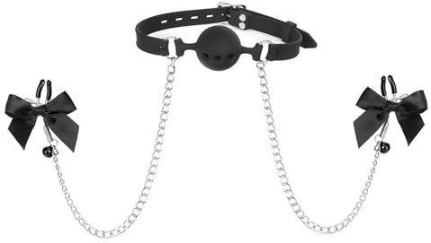 Kutocesy Baillon Bouche Silicone avec Pinces Tétons Réglables avec Nœud Accessoires Bondage SM pour Adultes Couples Jeux Sexuels (M)