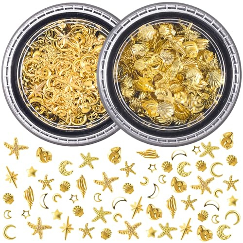 Pndeyo 2 Disc Ocean Nail Art Charms, 3D Alloy Nail Art Decals, Beach Starfish Seashell Gems Supplies for Women DIY Craft Jewelry Manicure Embellishments- Gold