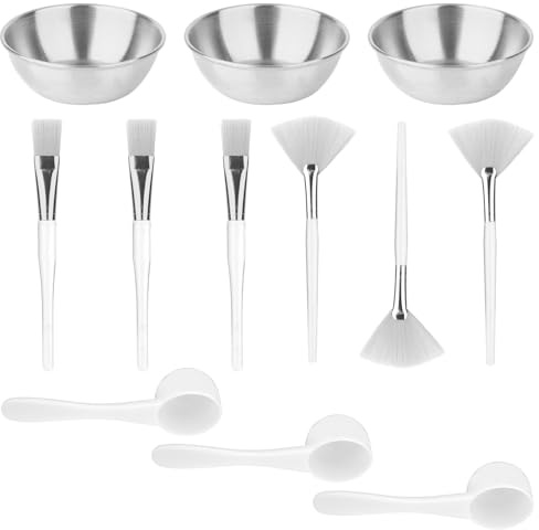 12-Delars Set med Hudvårdsprodukter för Ansiktsbehandlingar, Inklusive 3 Ansiktsskålar, 3 Fläktborstar, 3 Borstar och 3 Skopor för Kvinnor Set för Blandning av Kosmetiska Masker (Silver)