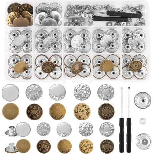 60 Set Replacement Metal Jeans Buttons 17mm & 20mm, No Sew Removable Adjustable Trouser Buttons in Vintage Bronze & Silver with Storage Box and 2 Screwdriver for Denim Repair & Waist Adjustment
