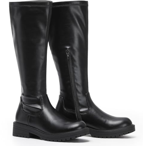 VIVASHOES Women's Black Knee High Flat Riding Boots Stretch – Faux Leather Winter Booties for Women, Slip-Resistant Chunky Sole, Low Heel Comfort Shoes – Stylish Everyday Tall Boots