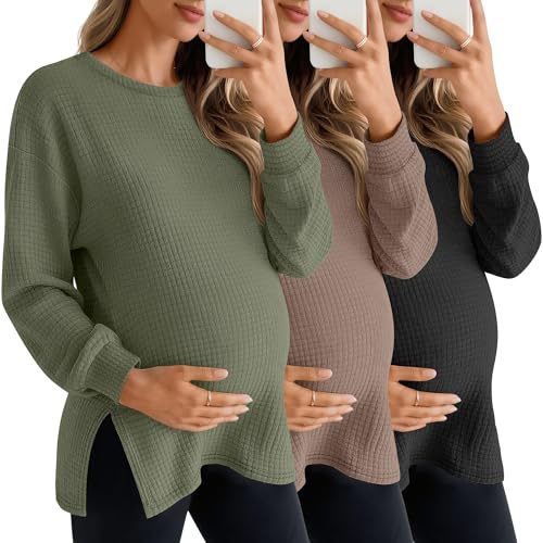 Sweetyweee 3 Pack Women's Maternity Shirts Long Sleeve Waffle Knit Side Split Oversized Tops Pregnancy Clothes Fall Tees(Army Green, Coffee, Black,Medium)