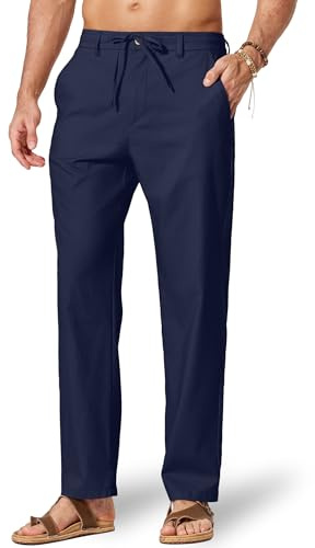 COOFANDY Men's Cotton Linen Pants Casual Drawstring Dress Pants Beach Summer Lightweight Trousers Navy Blue