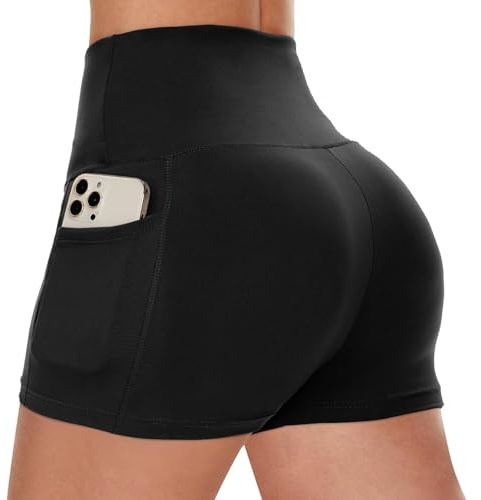 InfiniZer Women's Gym Shorts with Pockets High Waisted Sports Hot Pants Tummy Control Cycling Short Anti Chafing Mini Shorts for Ladies (S/M, Black)